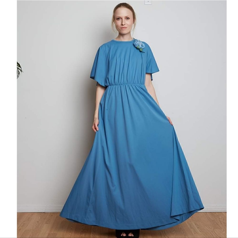 Vintage 70s Sandy Gray Formal Blue Capelet Dress M 
